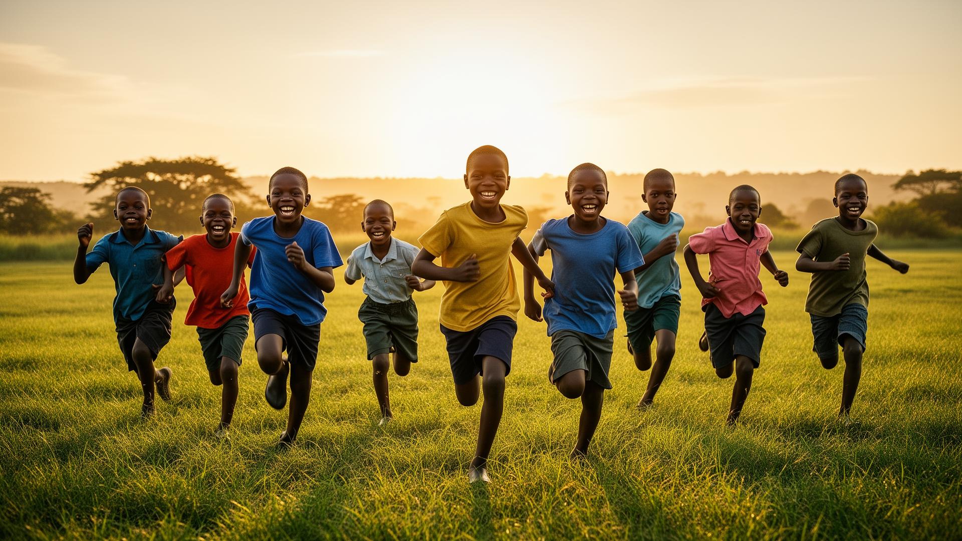 Children in an open field at golden hour
